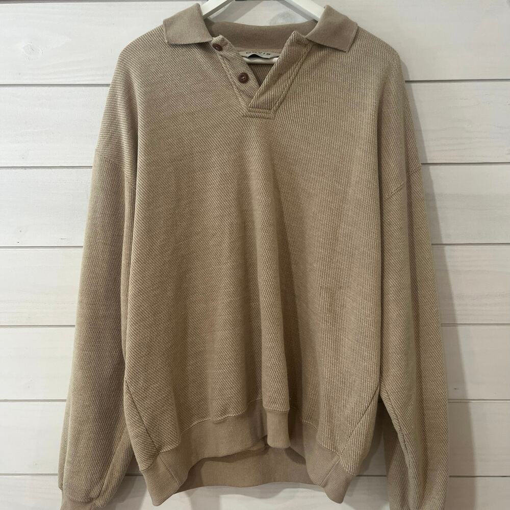 Orvis Pullover Polo Sweater Mens Tan 1/4 Zip Elbow Patch Leather Trim Size Large